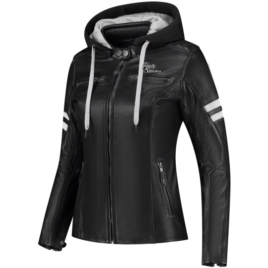 Rusty Stitches Joyce Hooded V2 Veste en cuir Noir / Blanc Femme 36